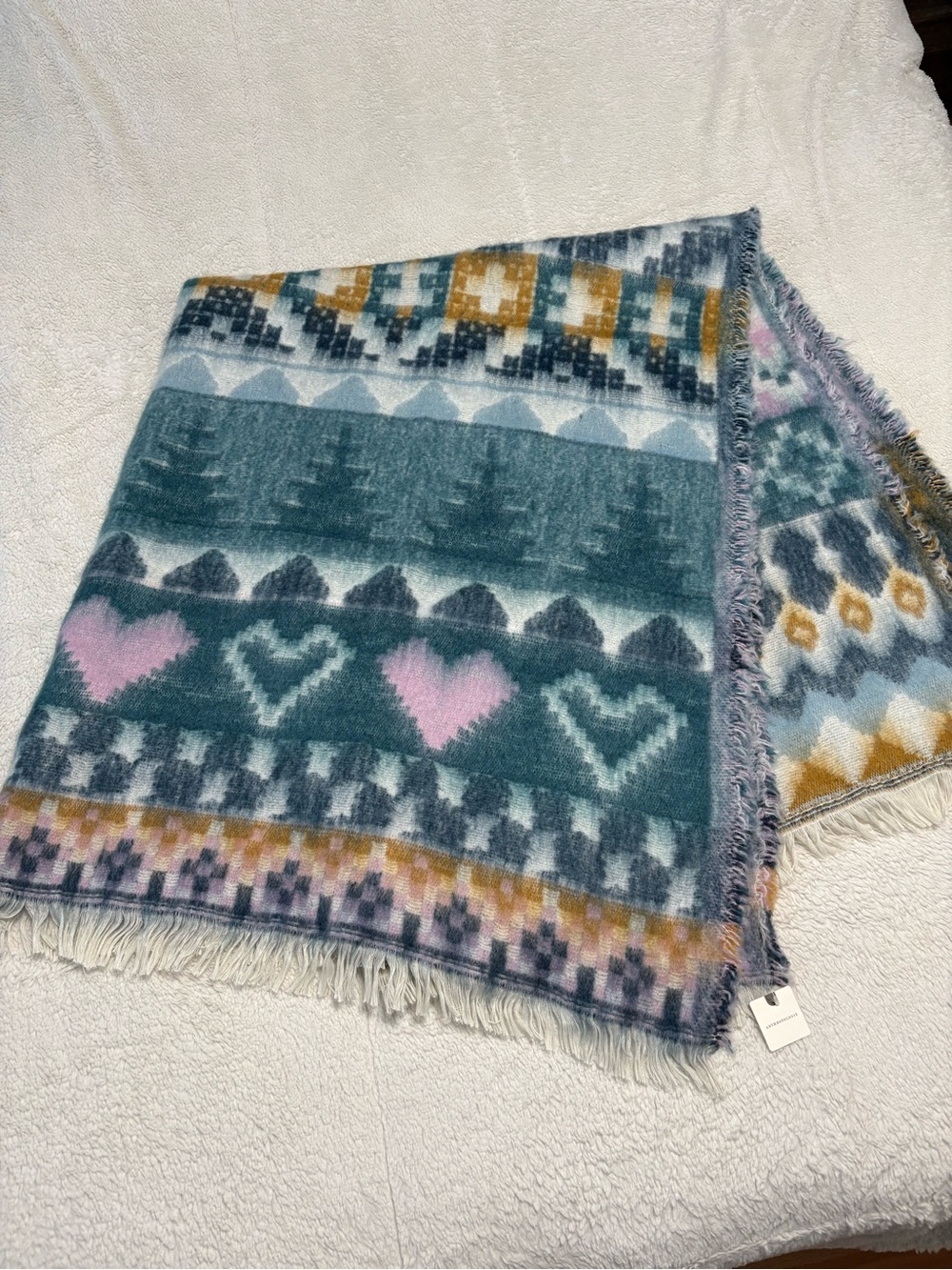 Anthropologie Teal Patterned Throw with Pink Hearts and Mustard Accents